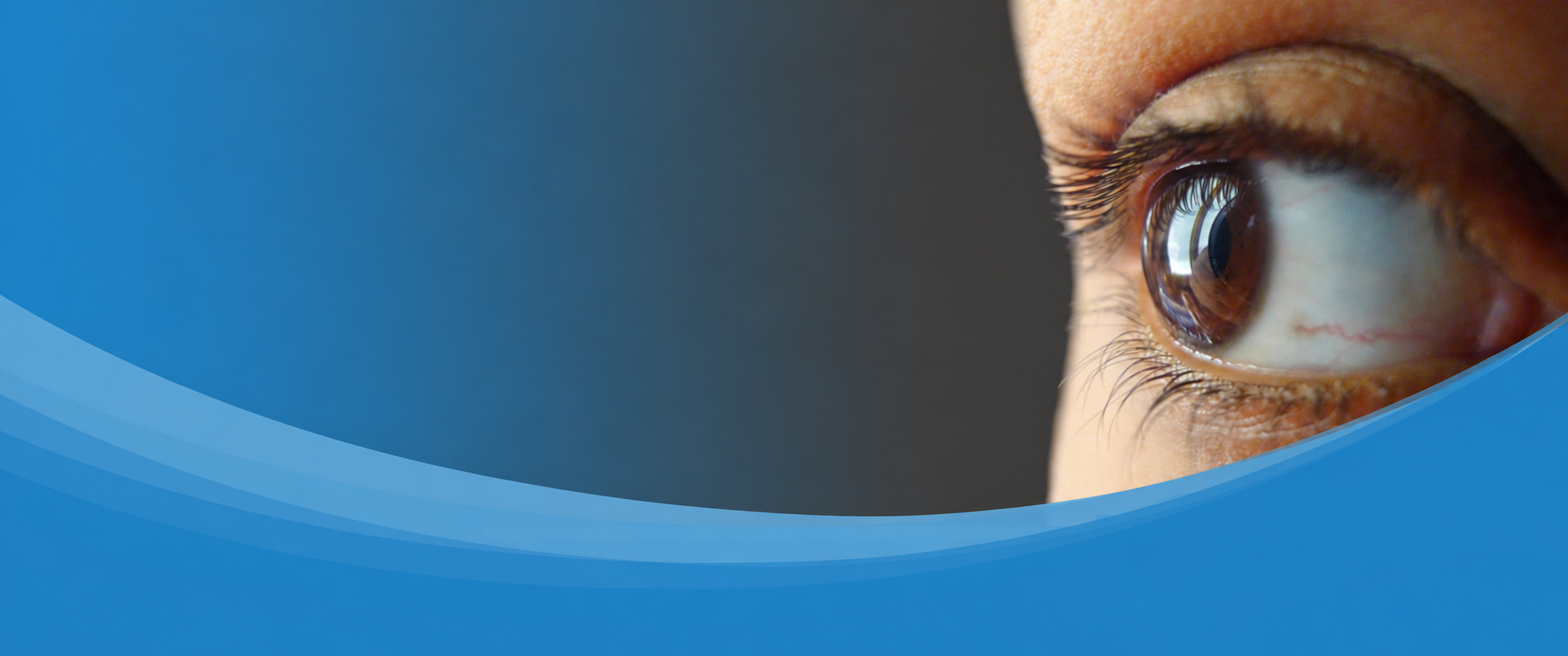 Selagine’s signature side-view photograph of a brown eye, with Selagine’s shaded blue background and flowing blue waves
